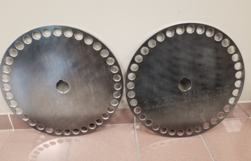 Two 3/8" shaft plates with 36 holes and keyway, precise to within + 0.010" / - 0.0".
